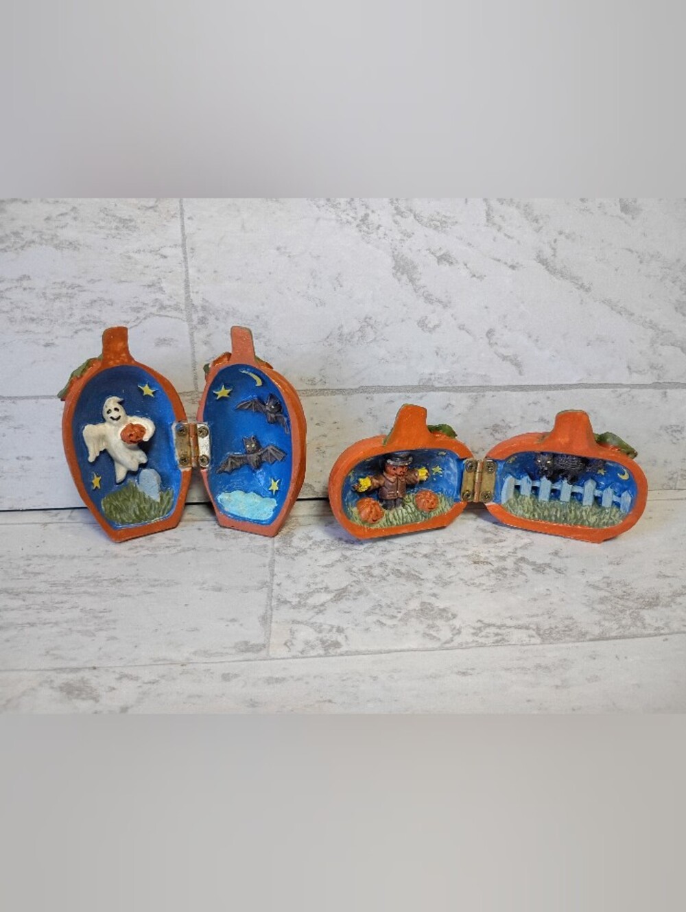 VTG Intricate Cat Ghost Handpainted Pumpkin Halloween Décor Set - Orange